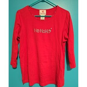 Quacker Factory Christmas Top Med Rhinestones 3/4 Sleeve T Shirt 100% Cotton Red